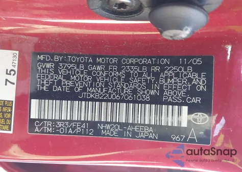 2006 Toyota Prius from USA, damaged, VIN JTDKB22U067061038